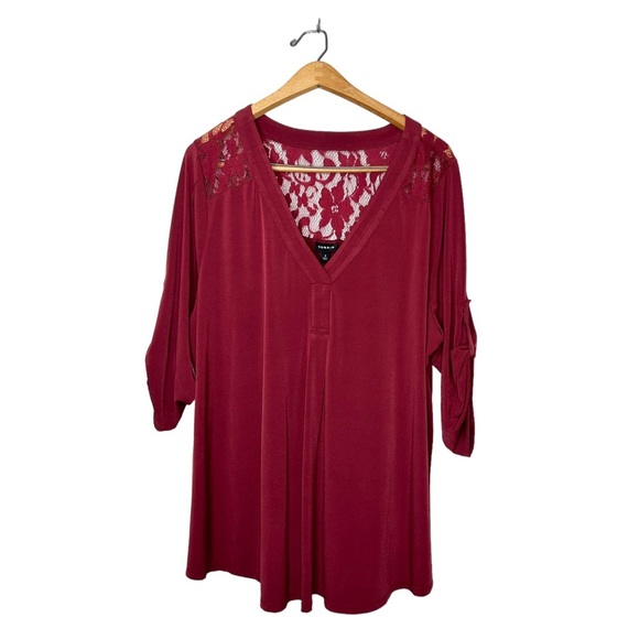 Torrid Merlot Floral Lace Back V Neck 3/4 Sleeve Burgundy Blouse Plus Size‎ 3X - Picture 1 of 7